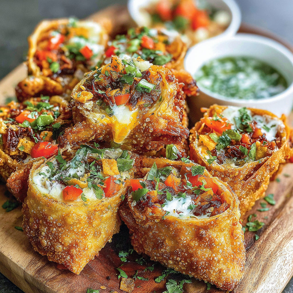 Crispy nacho egg rolls on a wooden platter.