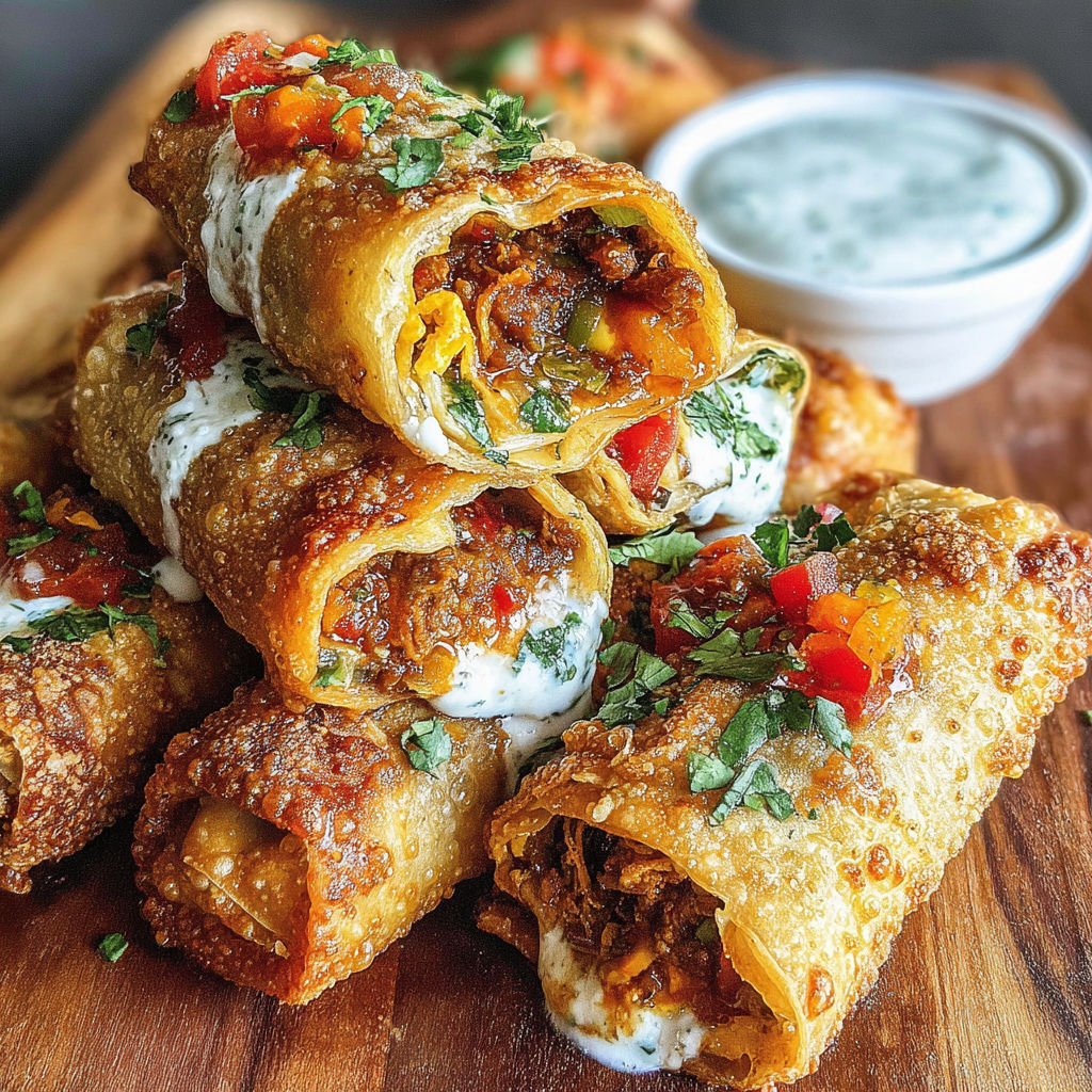 A stack of crispy nacho egg rolls.