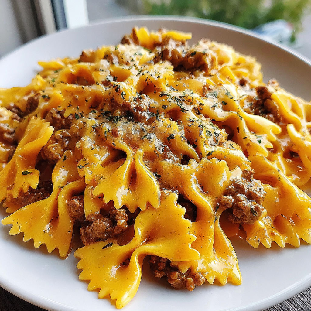 A plate of pasta with meat and cheese on top.