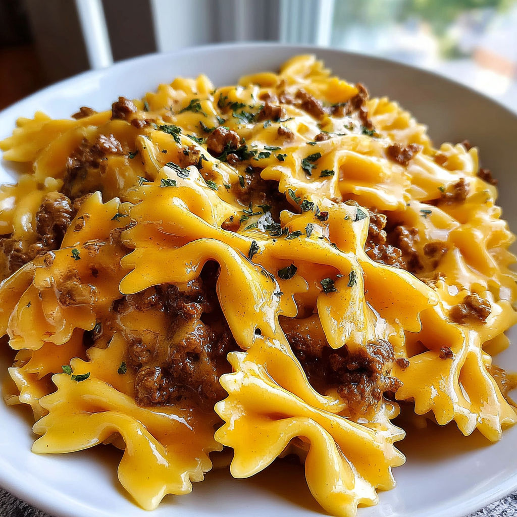 A plate of pasta with meat and cheese on top.