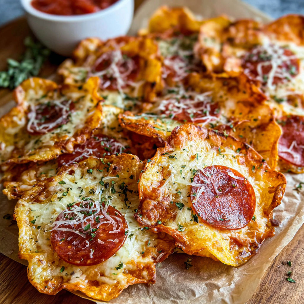 A plate of pizza chips with cheese and pepperoni.