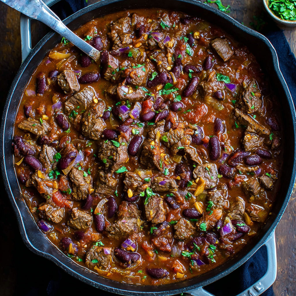 A spicy steak chili in a pan.