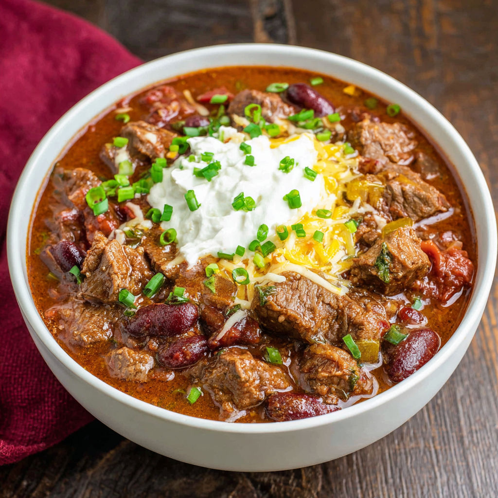 A bowl of beef stew with white cheese on top.