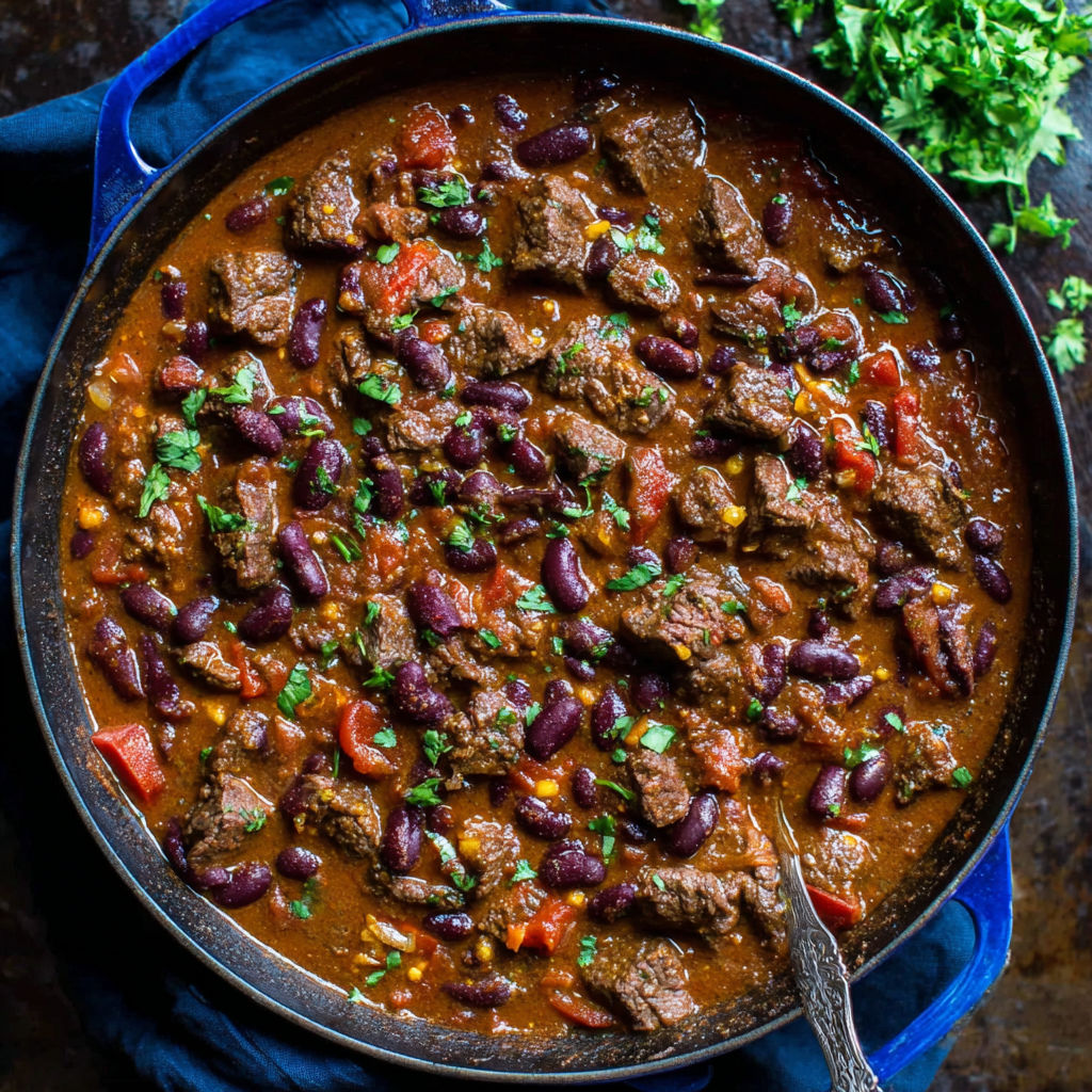 A large pot of beef stew with beans and tomatoes.