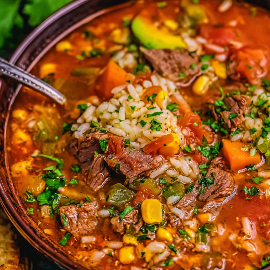 A bowl of soup with meat and vegetables.