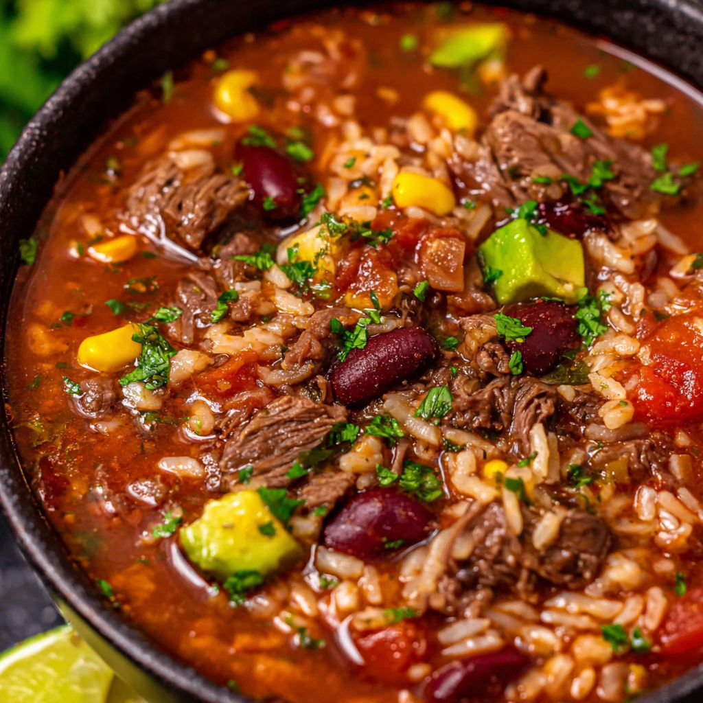 A bowl of soup with rice, beans, and meat.