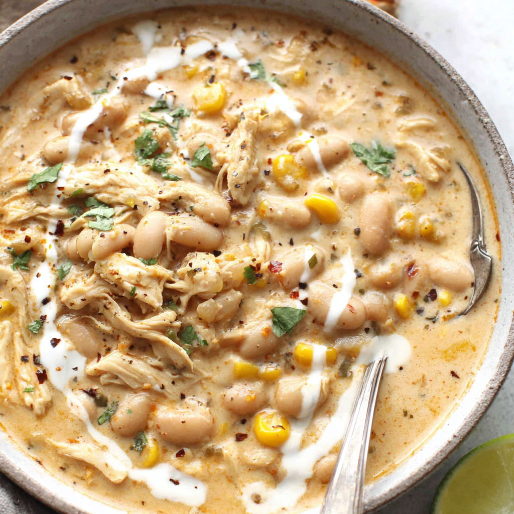 A bowl of soup with chicken and beans.