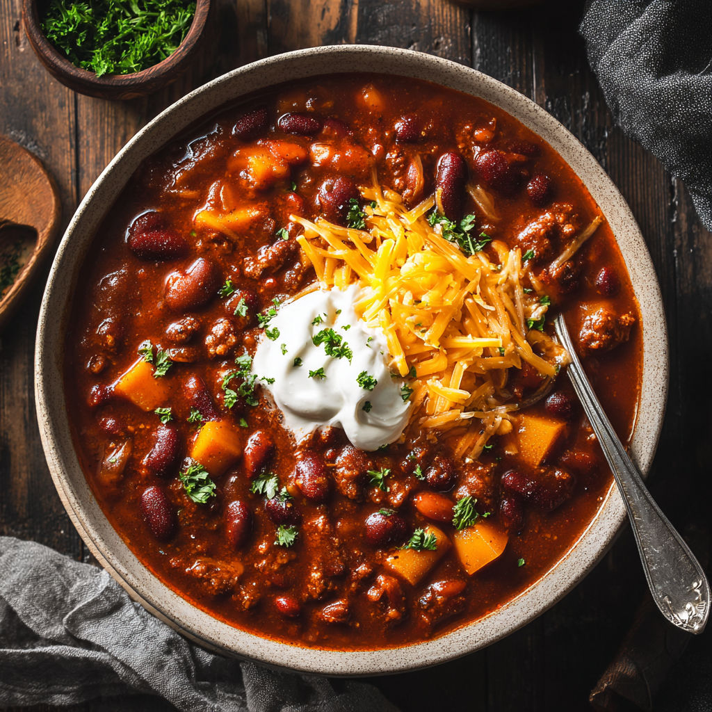 A bowl of chili with cheese and sour cream on top.