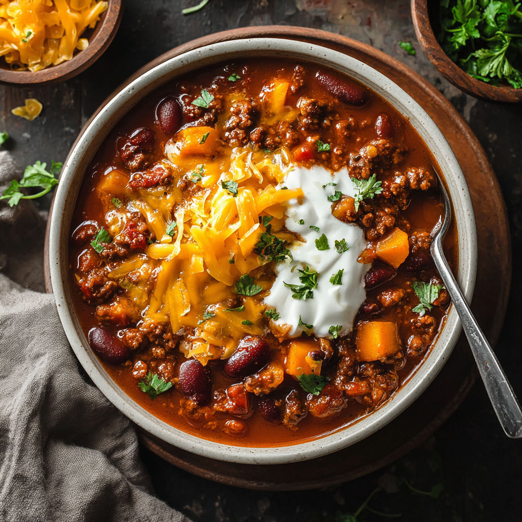 A bowl of chili with cheese and sour cream on top.