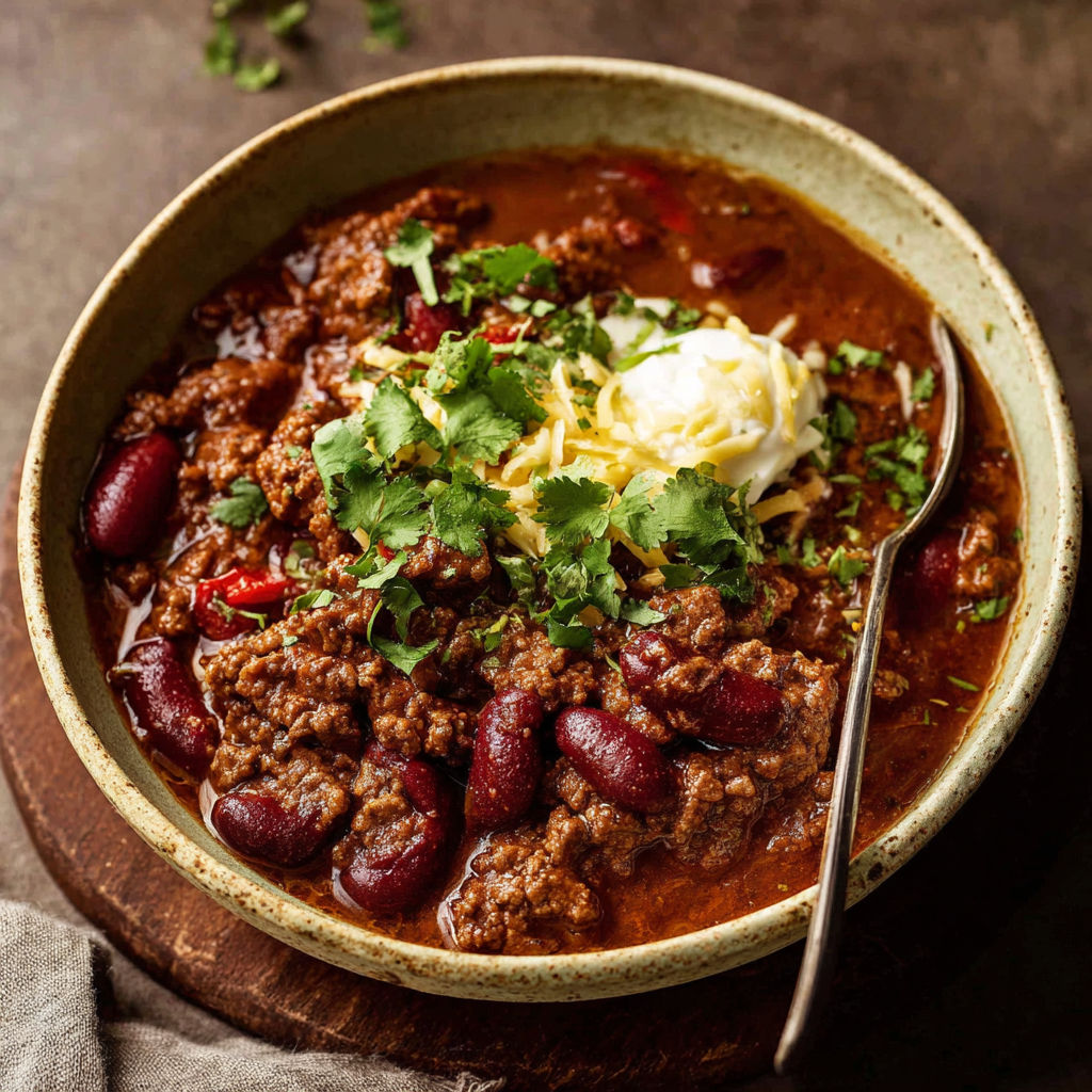 A bowl of chili with a spoon in it.