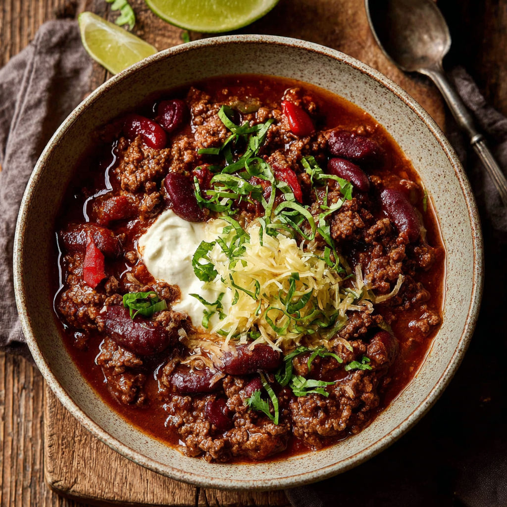 A bowl of chili with a spoon in it.