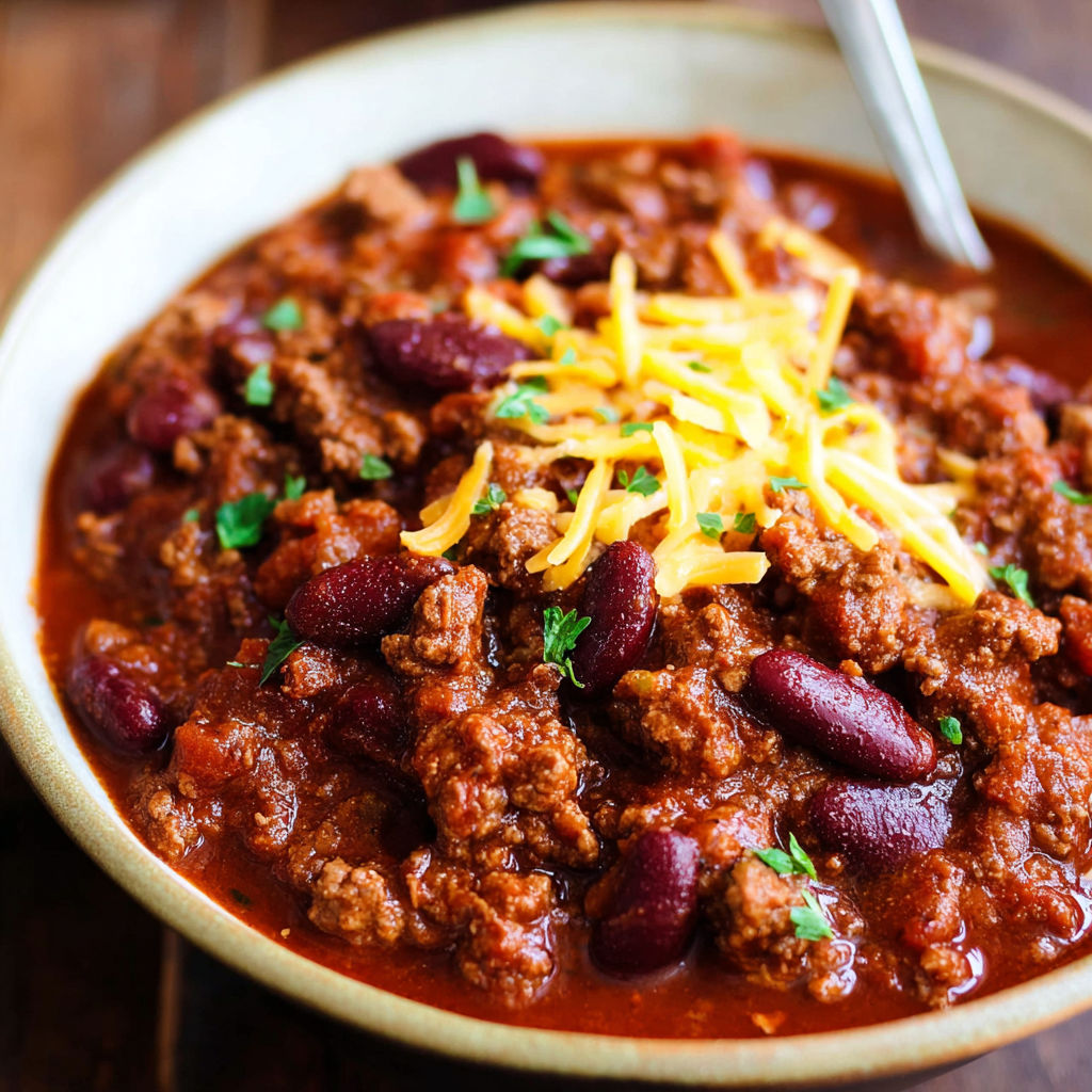 A bowl of chili with beans and cheese.