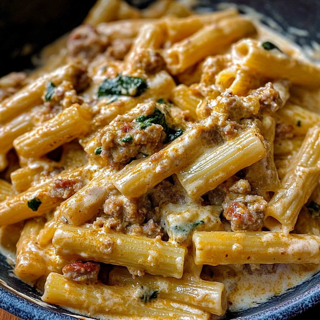 A bowl of pasta with meat and cheese.