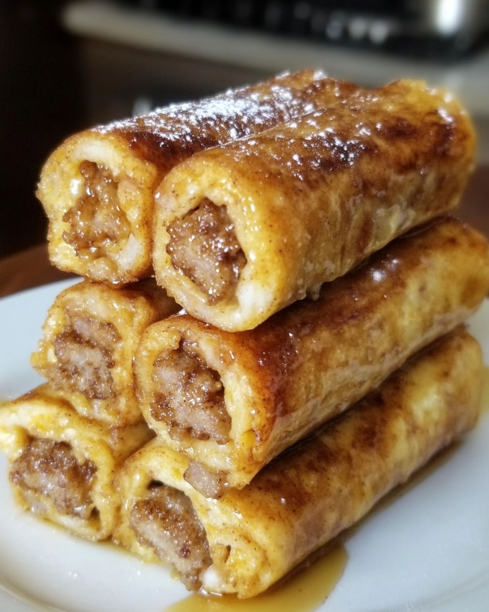 A stack of sausage French toast roll-ups.