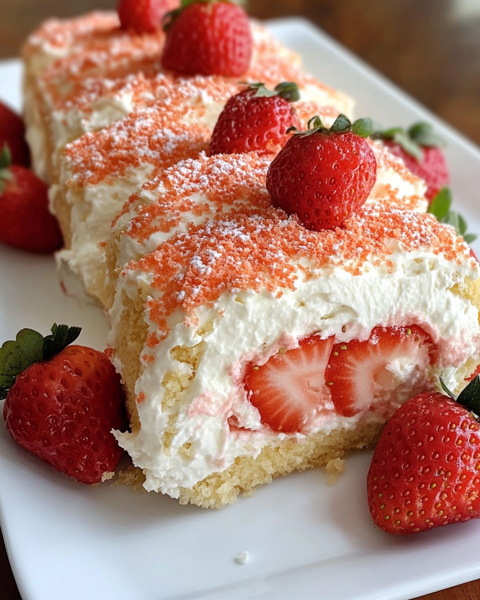 A slice of strawberry shortcake cheesecake rolls.