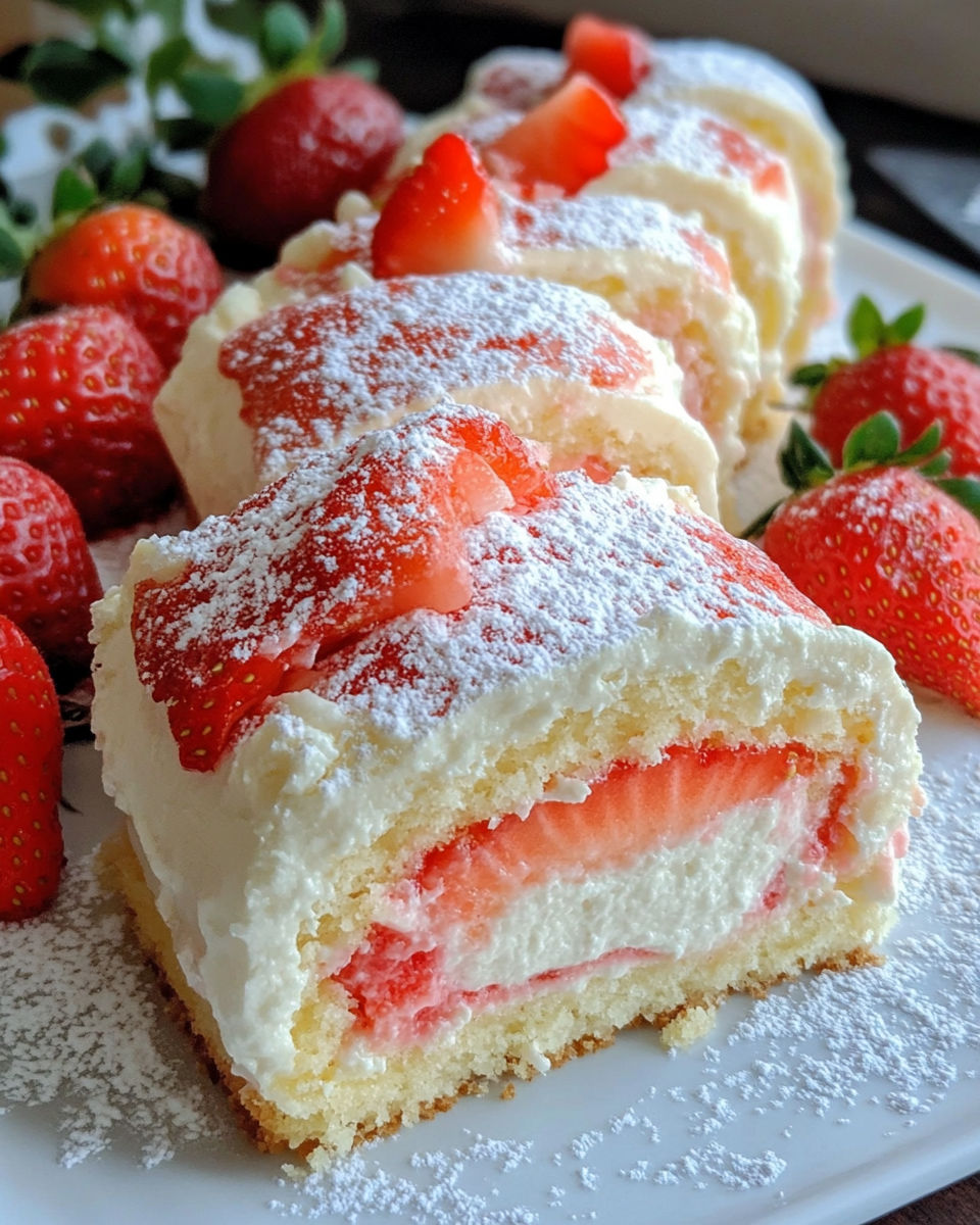 A slice of strawberry shortcake cheesecake rolls.