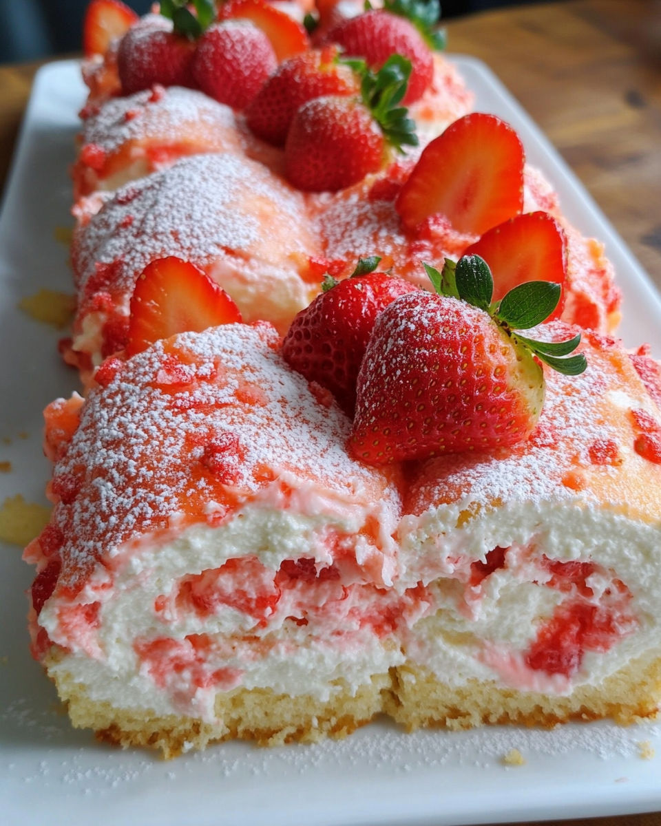 A slice of strawberry shortcake cheesecake rolls.