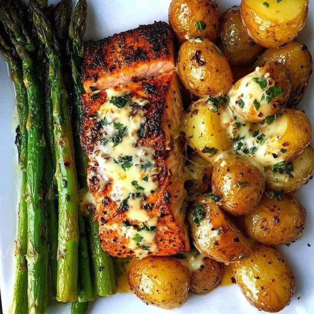 A plate of food with fish, potatoes, and asparagus.