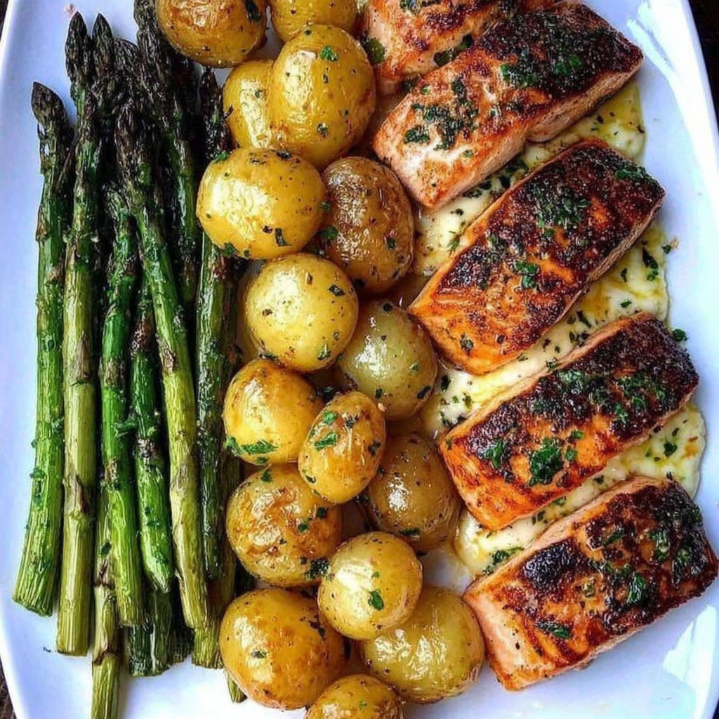 A plate of food with asparagus, potatoes, and salmon.