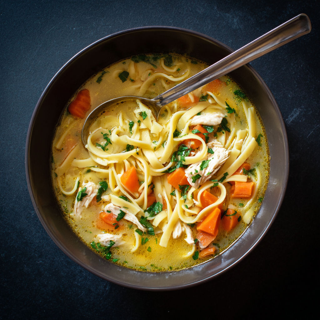 A bowl of chicken noodle soup with reames noodles.