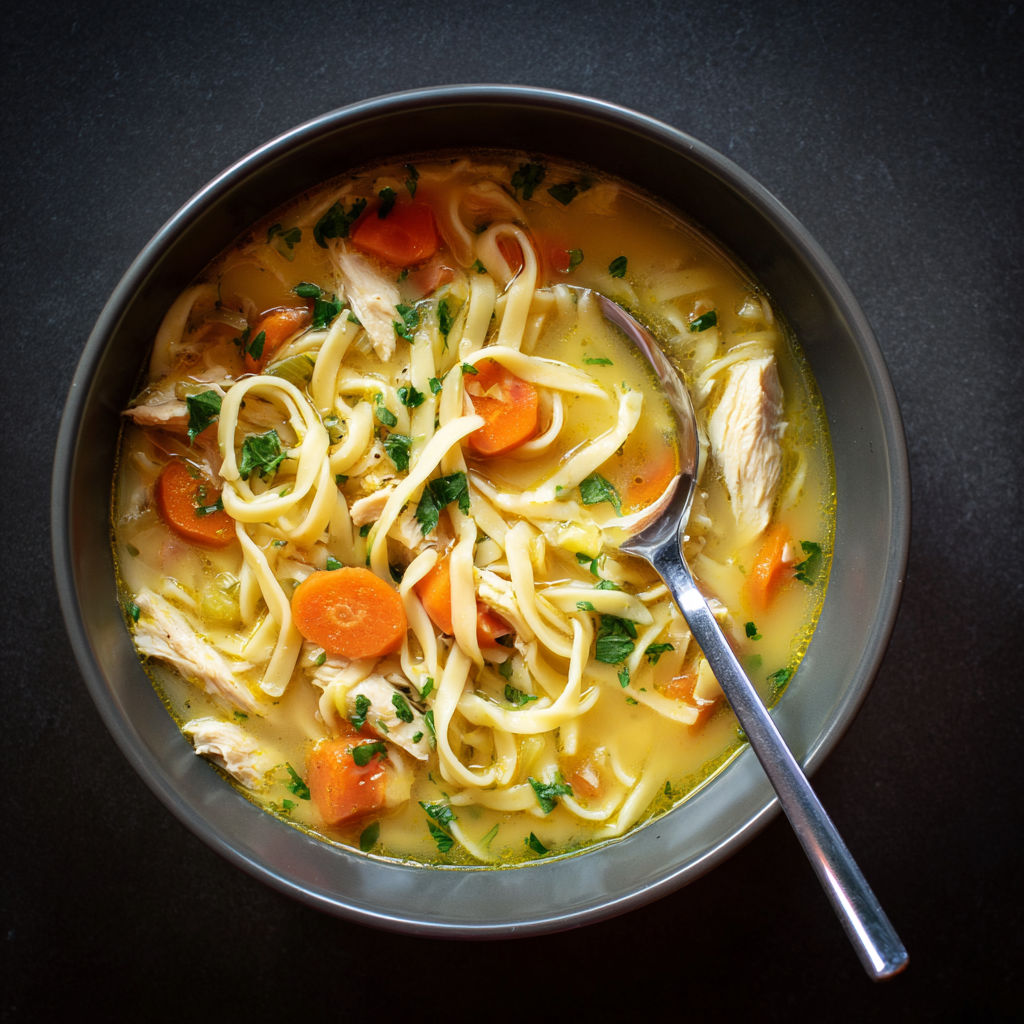 A bowl of chicken noodle soup with reames noodles.