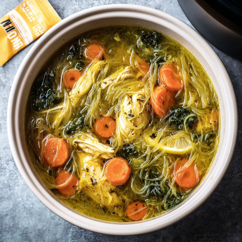 A bowl of soup with carrots and broccoli.