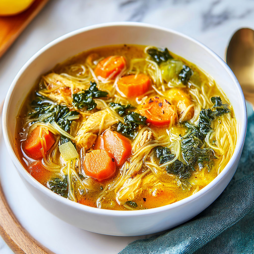 A bowl of soup with carrots and spinach.
