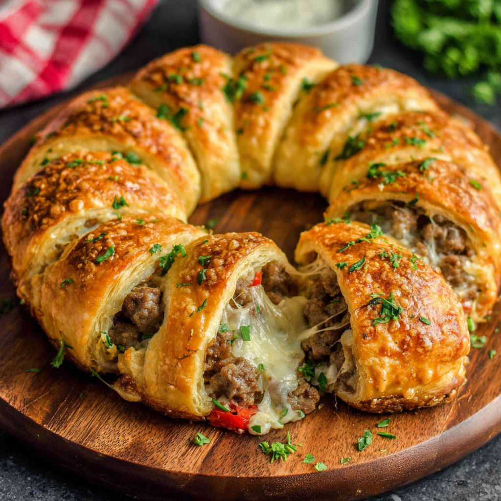 A sausage and cheese crescent ring on a wooden platter.