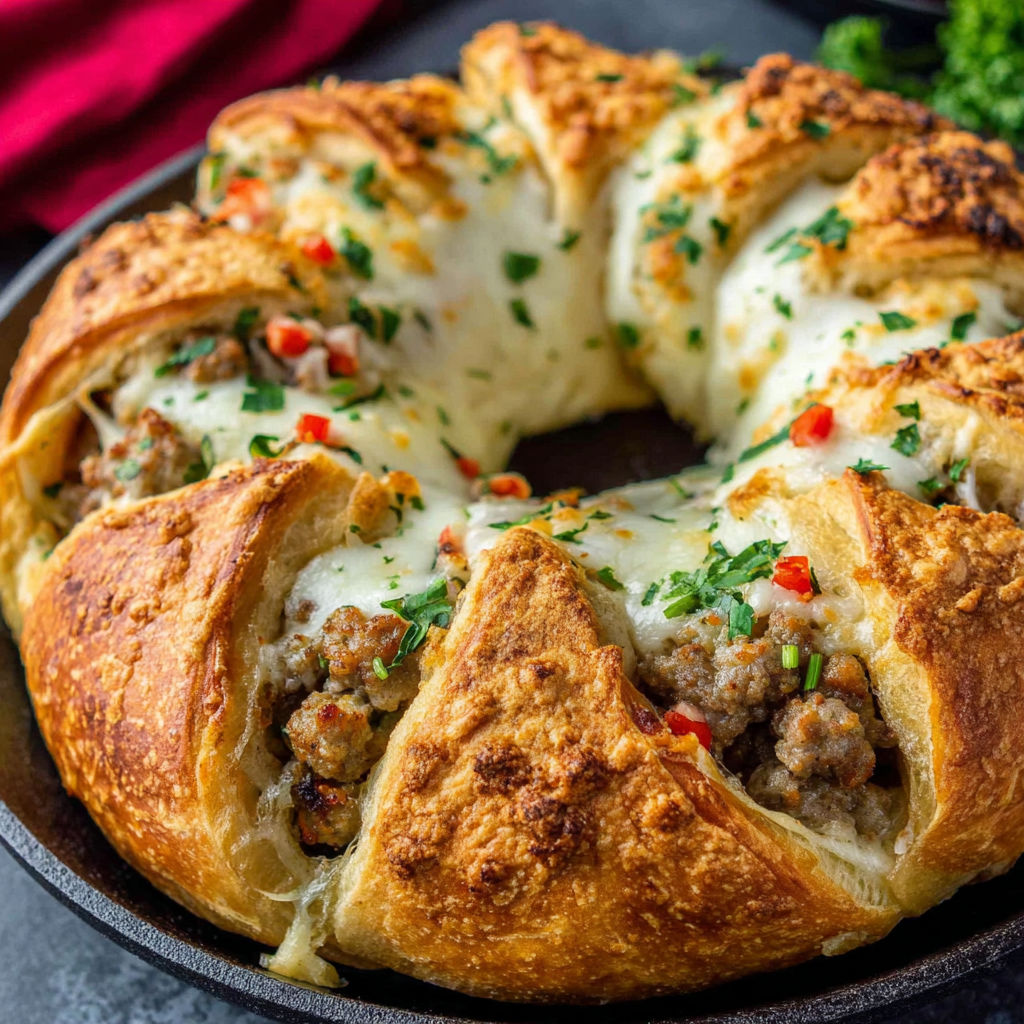 A sausage and cheese crescent ring is baked in a pan.