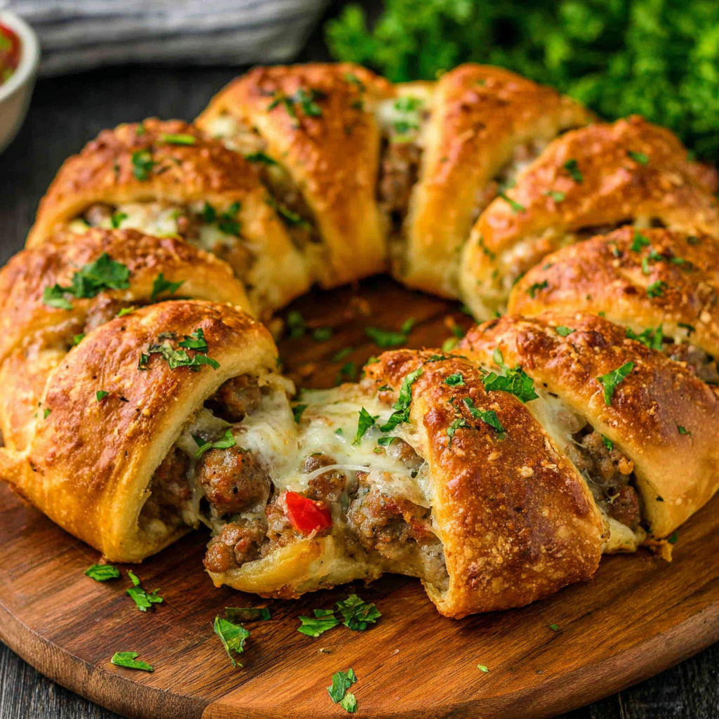A plate of sausage and cheese crescent ring.