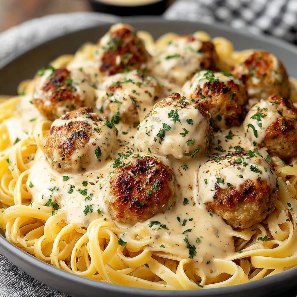 A plate of garlic butter chicken balls and creamy parmesan pasta.