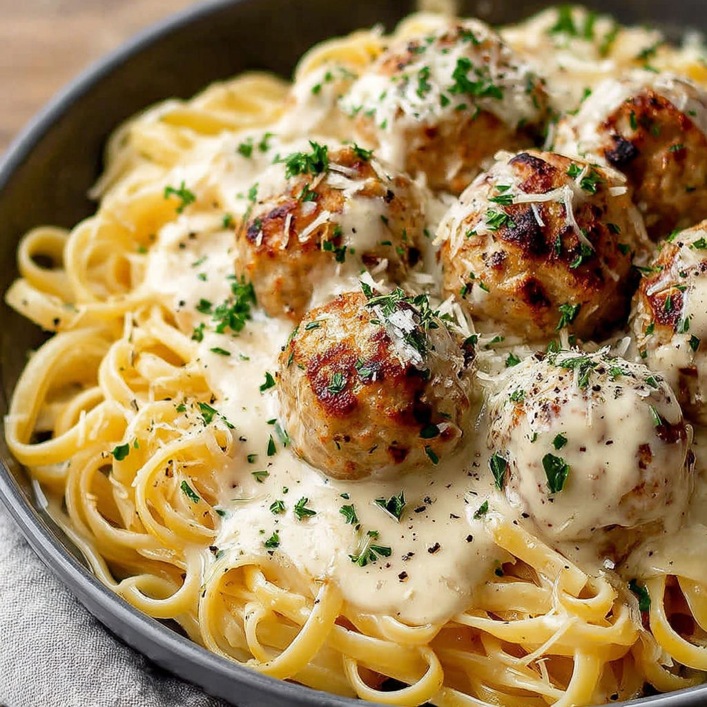 A plate of garlic butter chicken balls and creamy parmesan pasta.