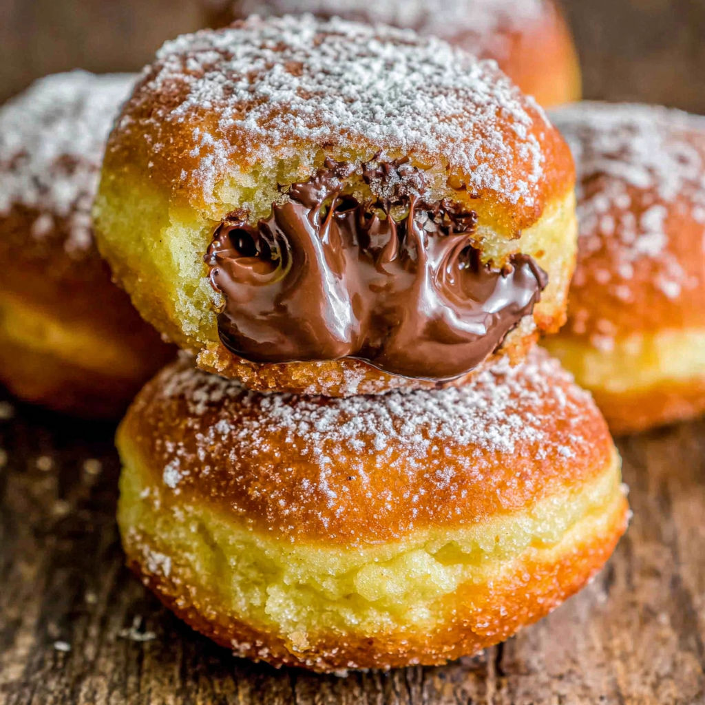 Chocolate filled donuts with powdered sugar.