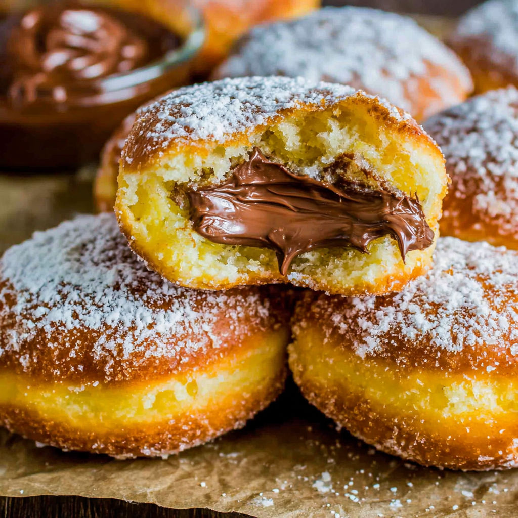 A donut with chocolate and powdered sugar.