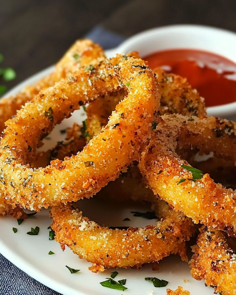 A plate of onion rings with a dipping sauce.