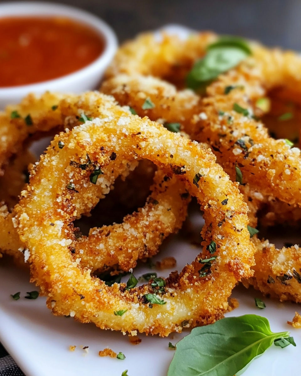 A plate of fried onion rings with a dipping sauce.