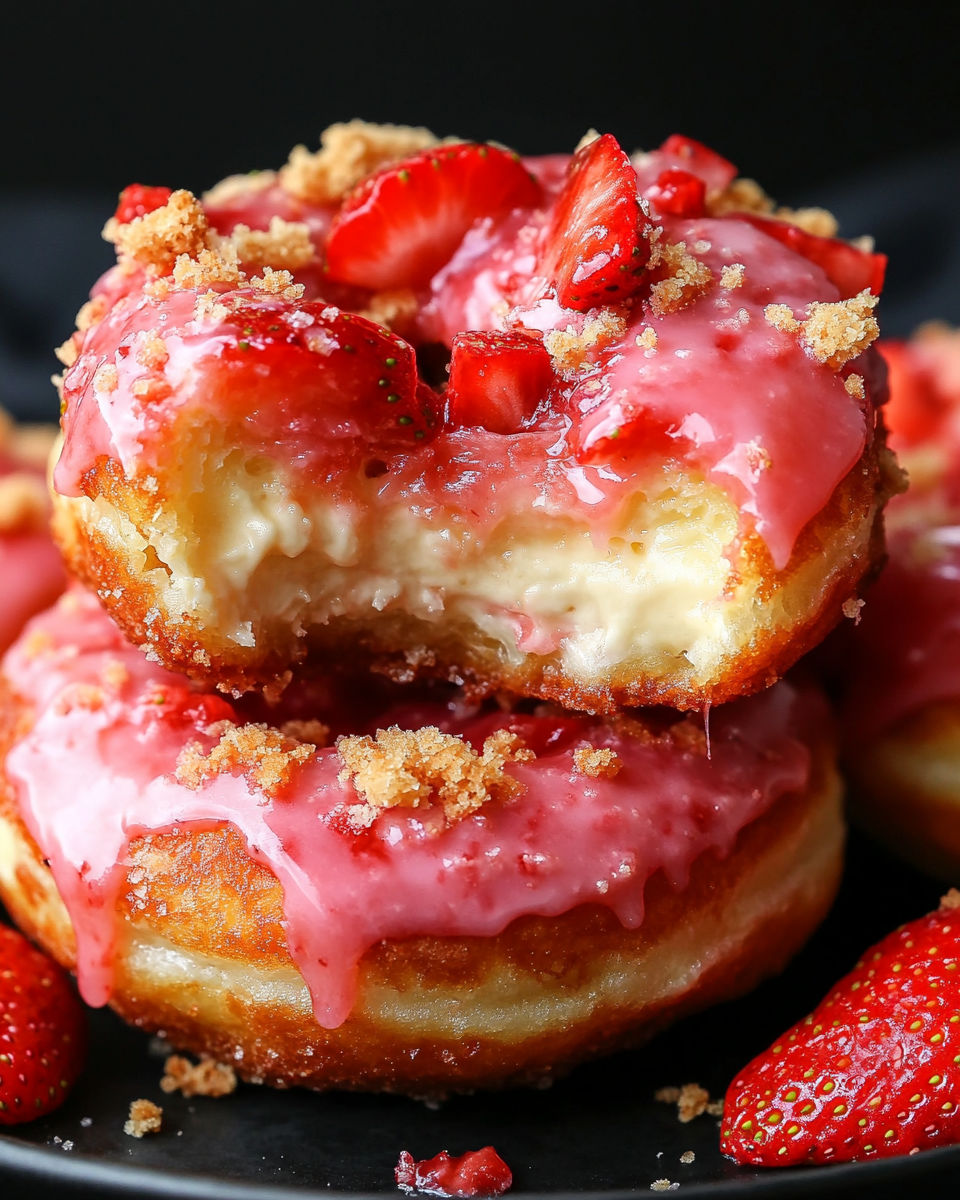 A close up of a strawberry cheesecake stuffed donut.