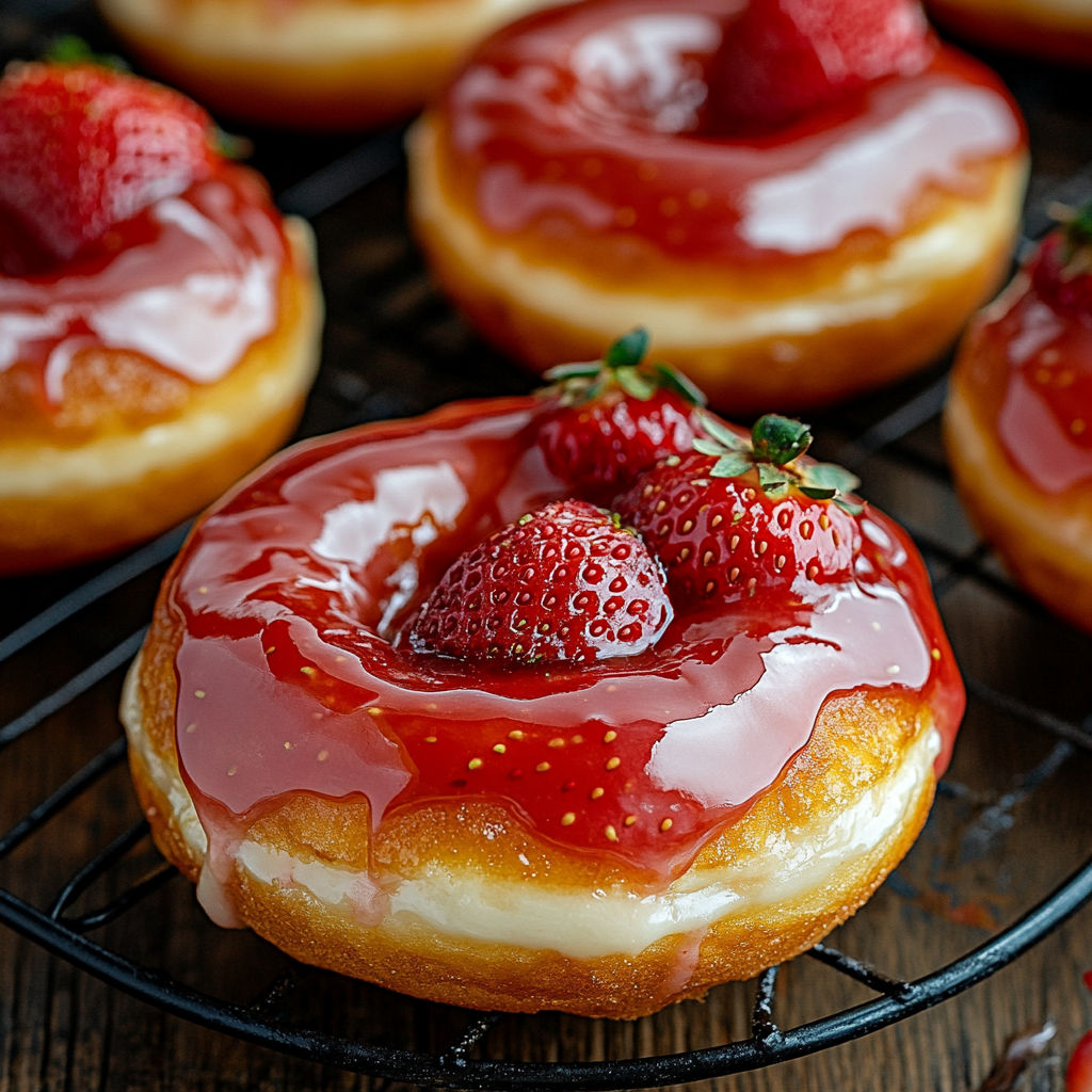 A donut with strawberry jam and a strawberry on top.