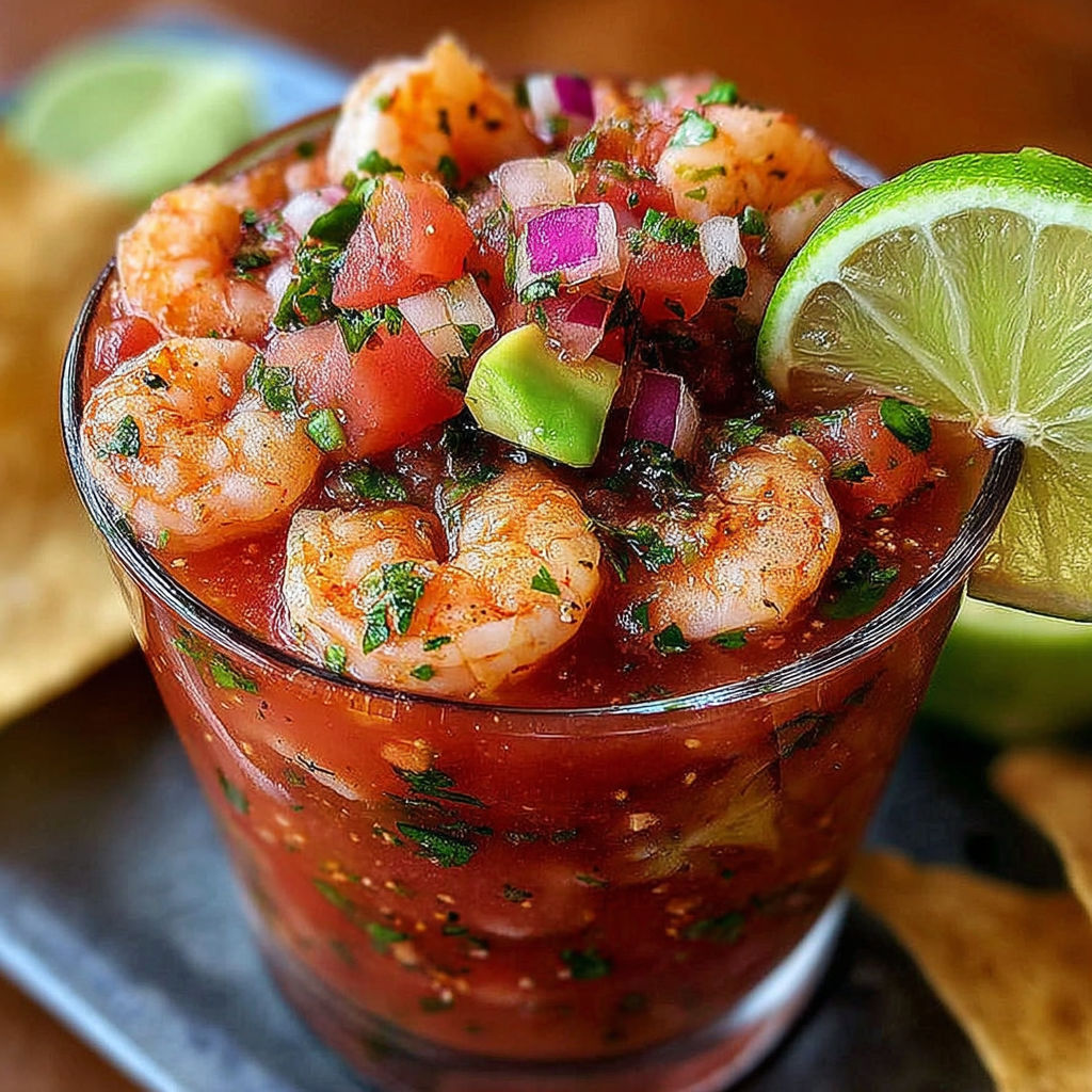 A glass of shrimp cocktail with a lime wedge.