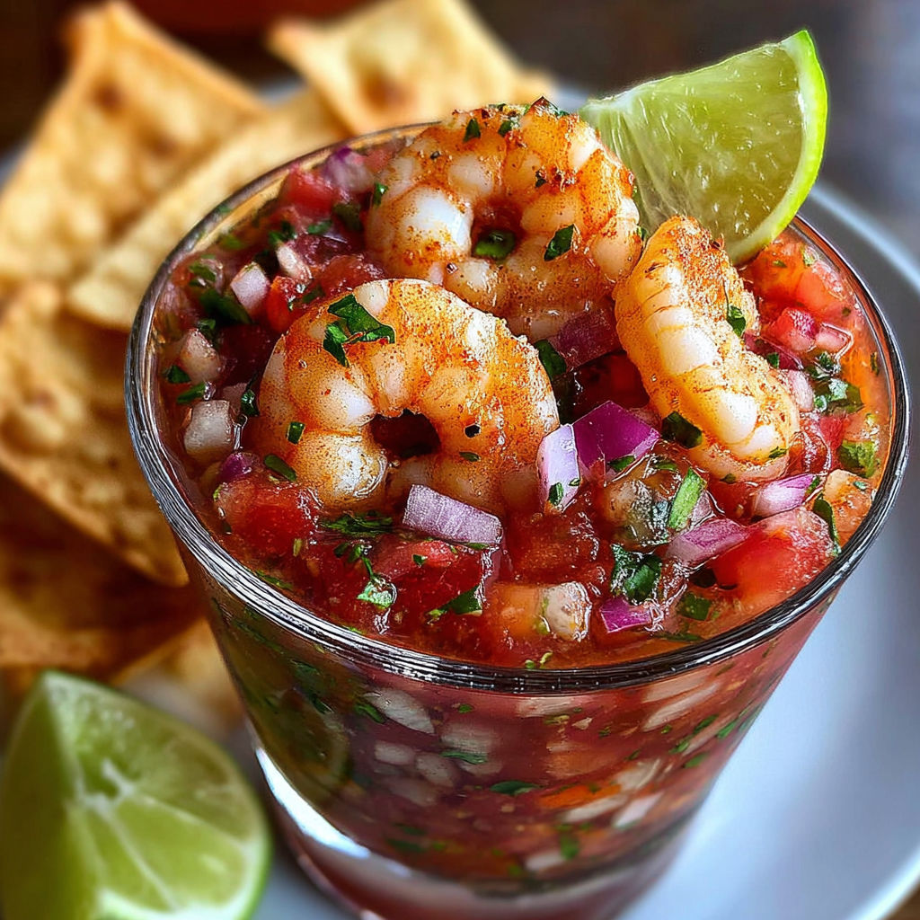 A glass of shrimp soup with a slice of lime on top.
