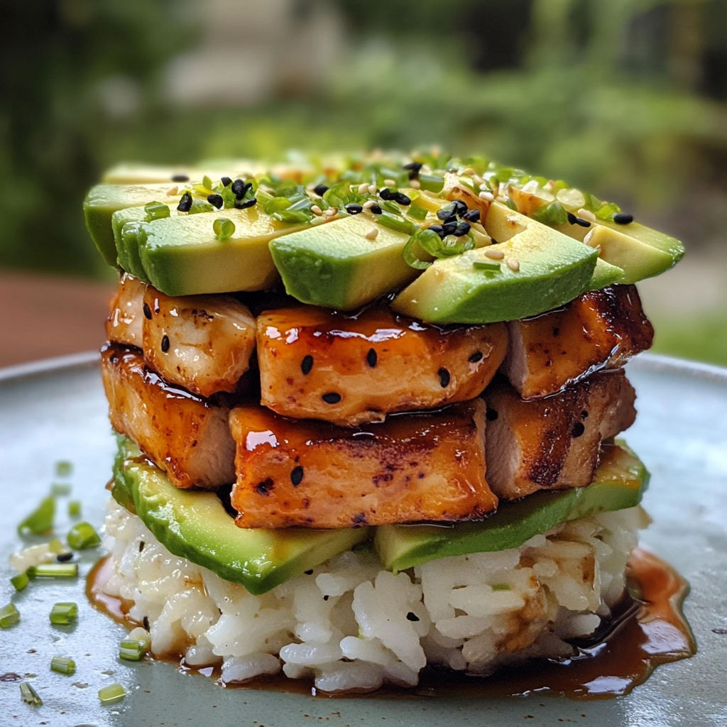 A stack of sliced meat with rice and avocado.