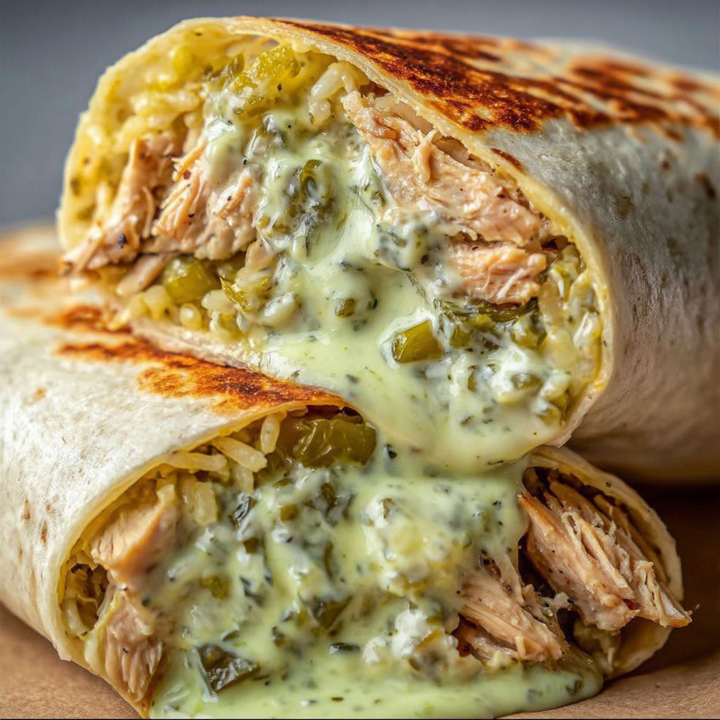 A smoked chicken and green chile burrito with cheese.