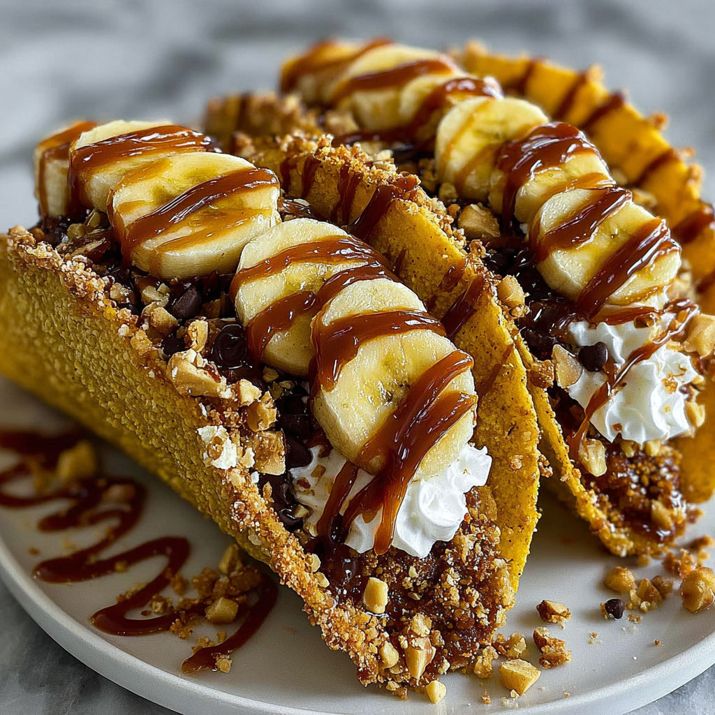 Two tacos with bananas and caramel drizzle.