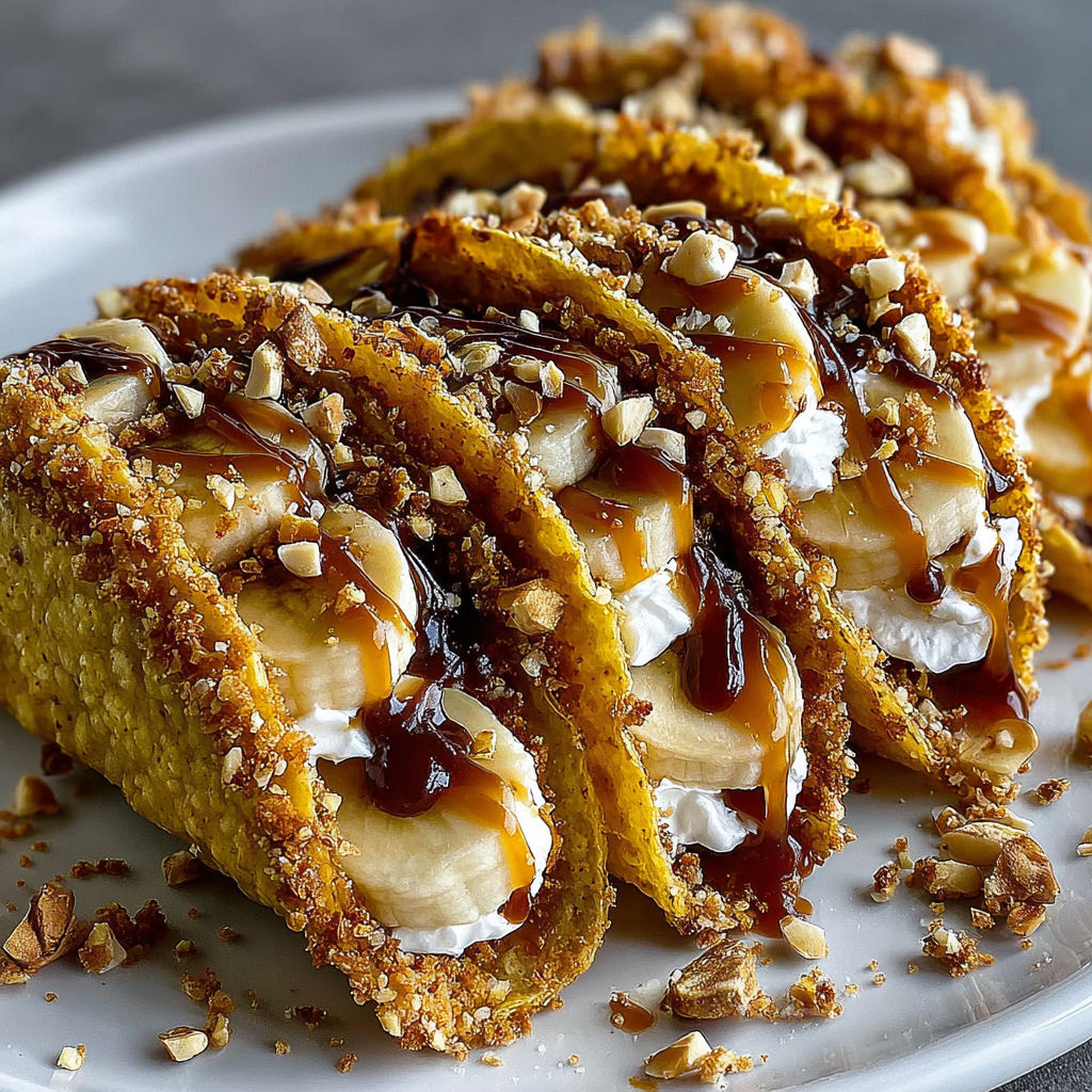 A plate of banana and caramel tacos.