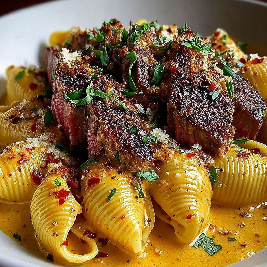 A plate of food with a creamy paprika steak shells.