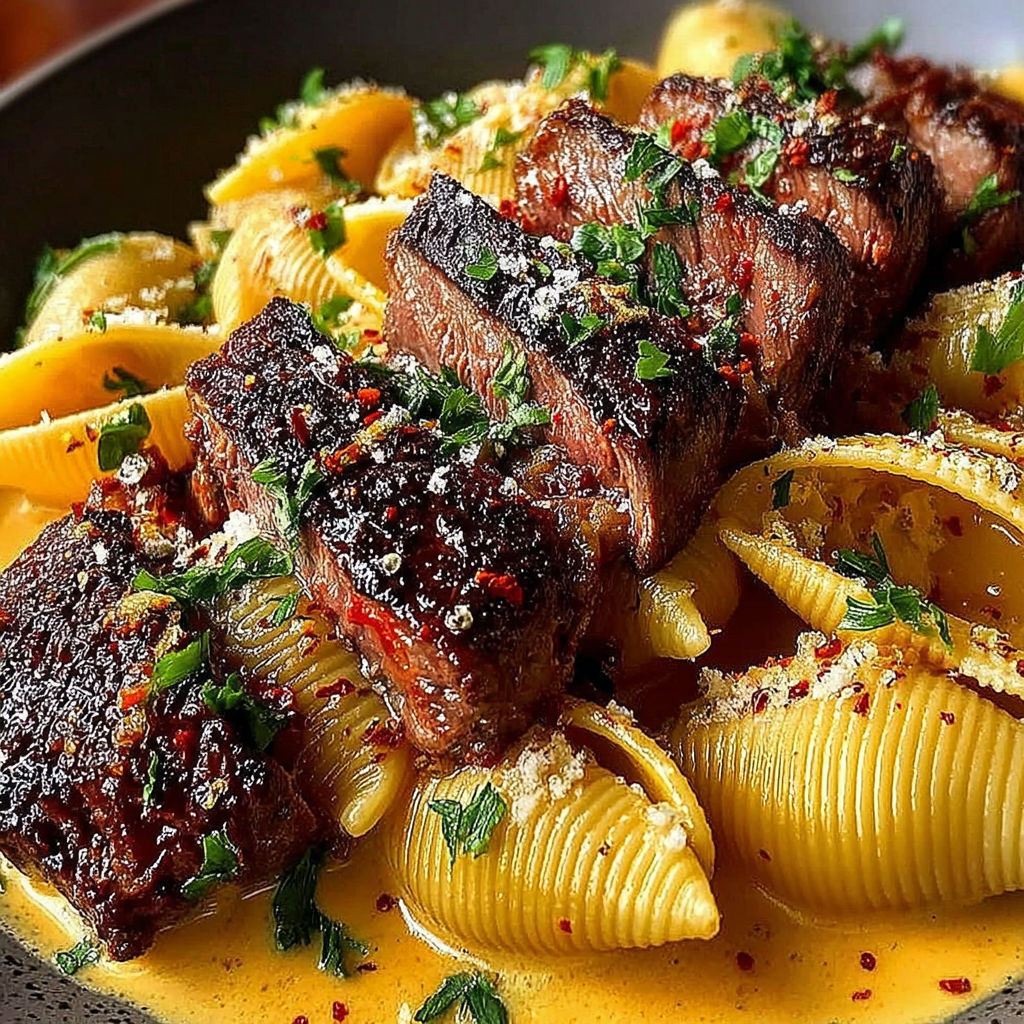 A plate of food with a steak and pasta.