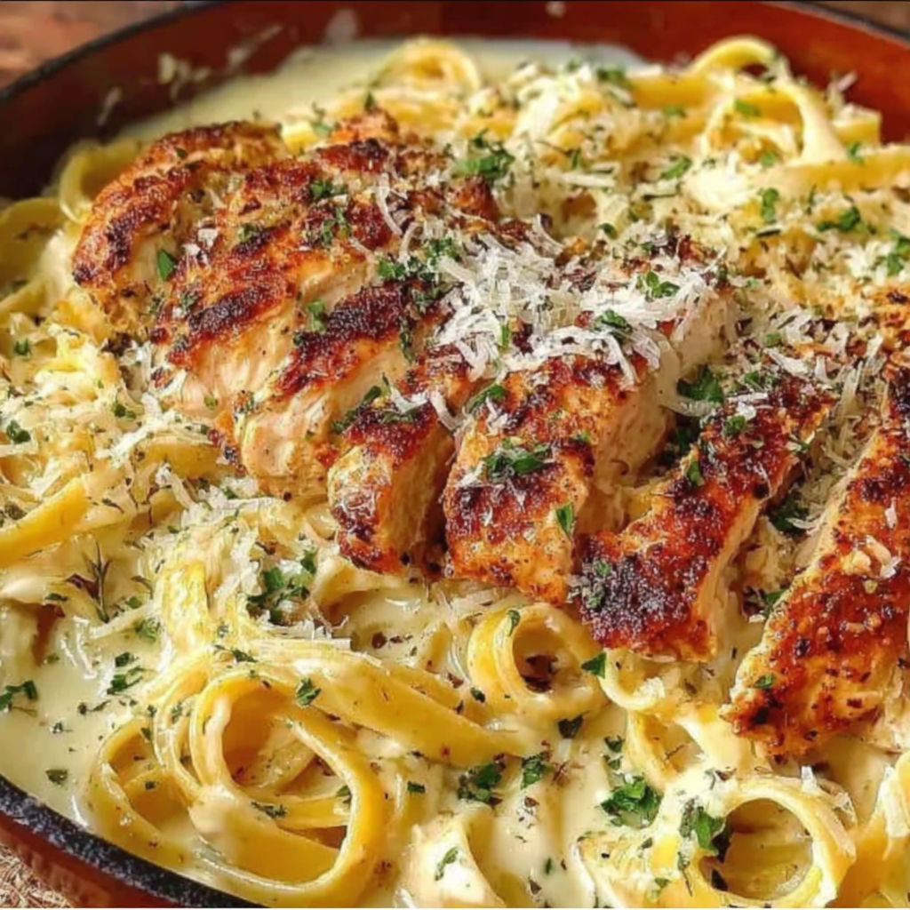 A bowl of pasta with chicken and cheese.