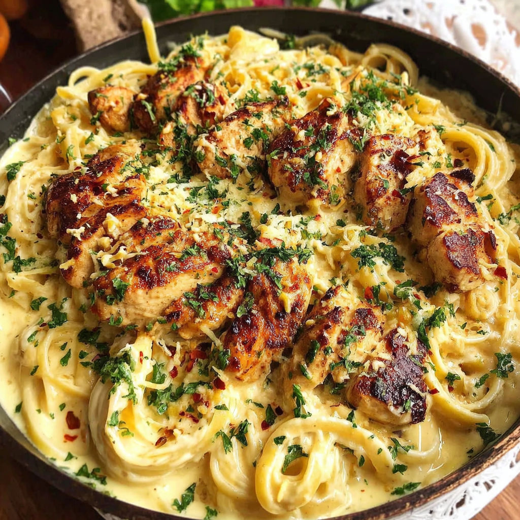 A delicious pasta dish with chicken and cheese.