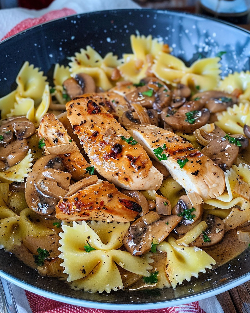 A bowl of grilled chicken Marsala and Farfalle.