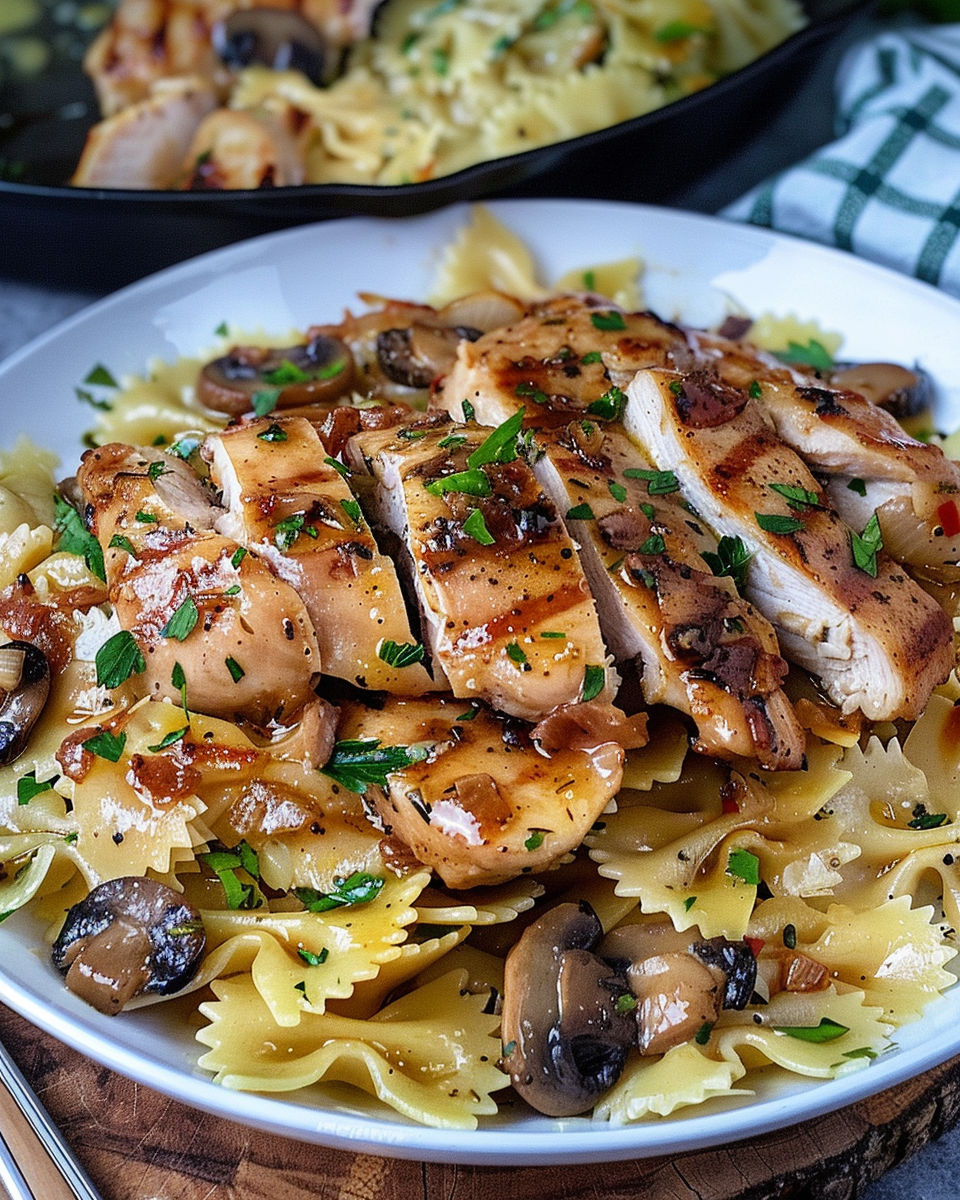 A plate of food with chicken and pasta.